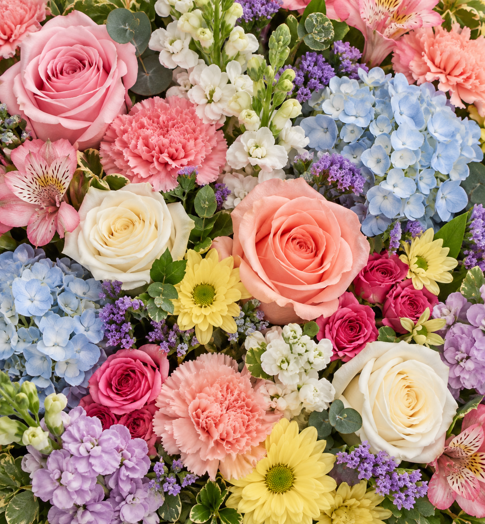 A lively mix of pink, peach, yellow, blue, and lavender.