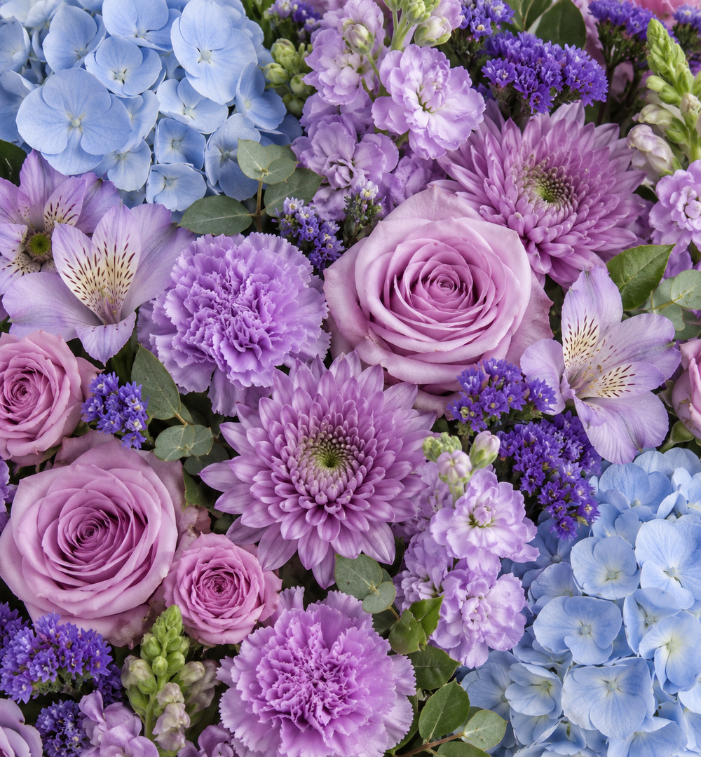 Lavender, lilac, mauve, and soft blue in a cool-toned palette.
