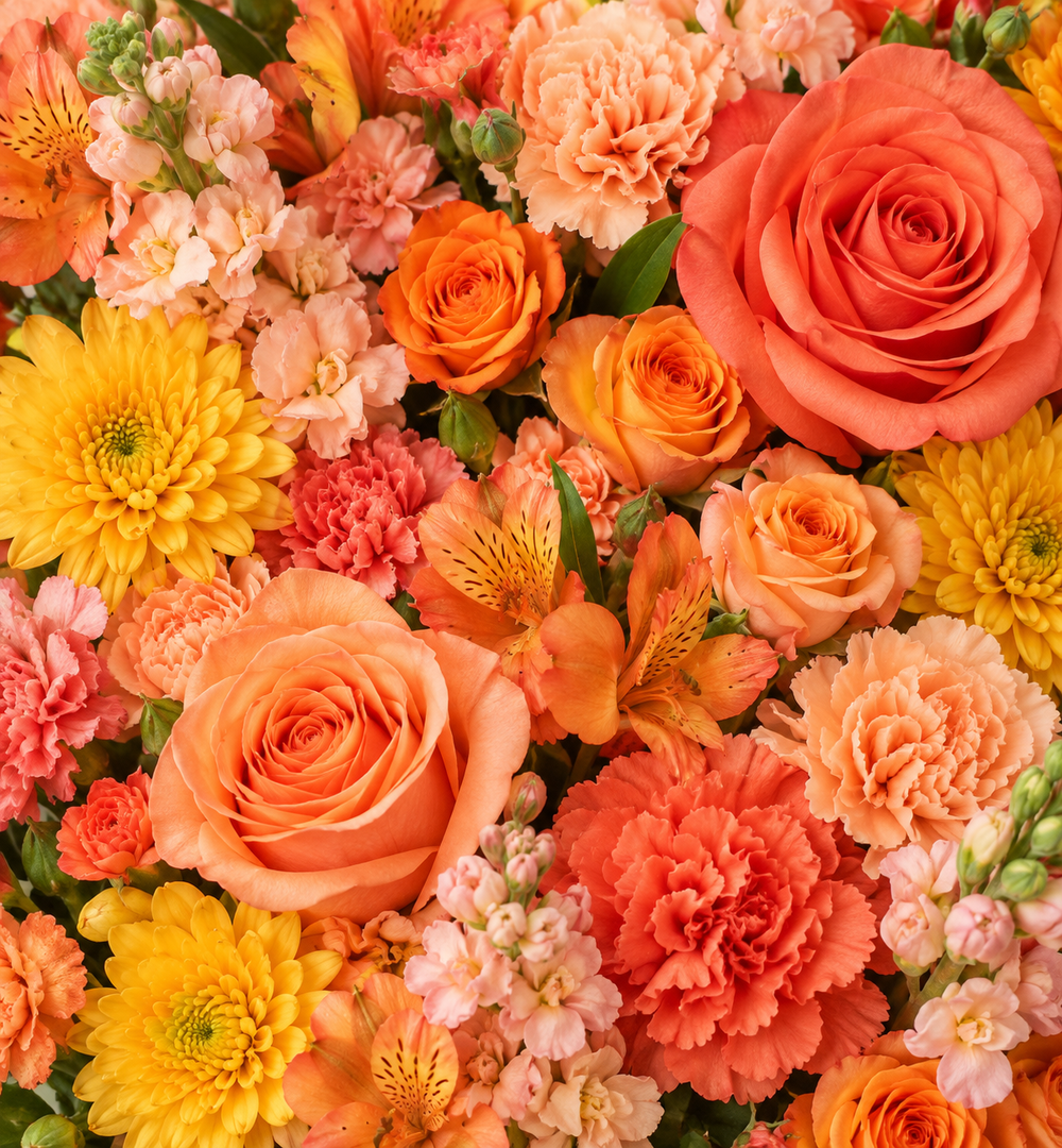 Warm peach, coral, apricot, orange, and golden yellow.