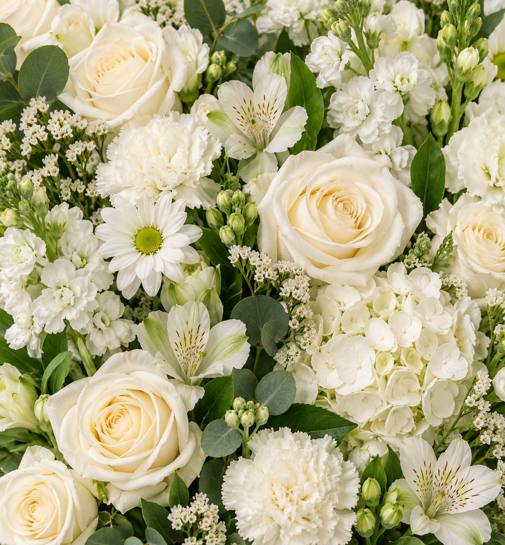 Timeless white and ivory blooms layered with fresh greenery.